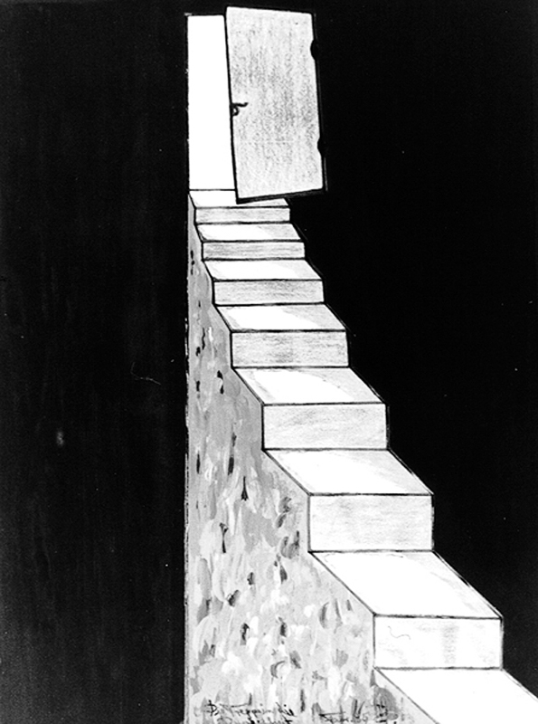 1985-Die-Treppe-in-die-Dunkelheit-Acrylfarbe-Blei-und-Filzstift-30x40cm