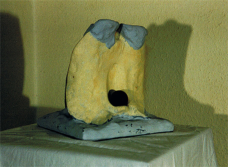 1988-09-Annaeherung-1-Tonplastik-mit-Gips-auf-Holz-20x20x23cm
