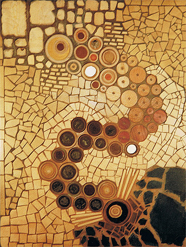 1988-10-Das-Dreieick-Holz-Keramik-Rinde-Glas-Schiefer-Dispersion-und-Sand-auf-Holz-70x90cm