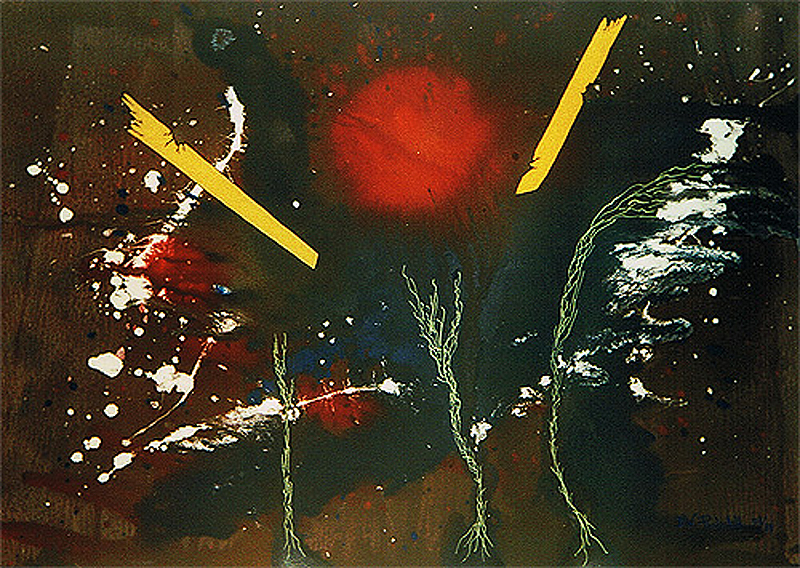 1989-03-Protonenstroeme-Dispersion-Acrylf-und-fluoreszierende-Leuchtfarbe-auf-Plakatkarton-68x48cm
