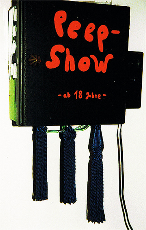 1993-03-Lebenstrilogie-Neu-2a-Kondome-ueber-Holzkugeln-und-pornografische-Ausschnitte-im-Kasten-mit-Aquariumpumpe-25,5-x-30,5x14,5cm