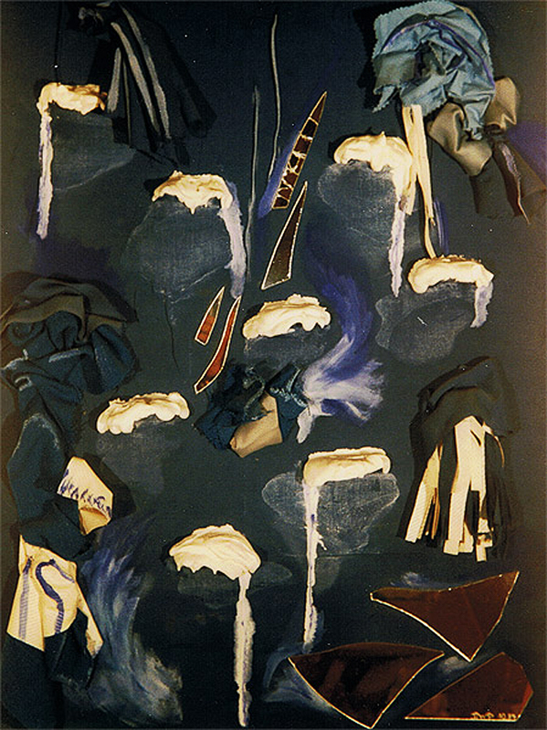 1987-10-Flucht-und-Wiederkehr-Spiegel-Stoff-Gips-Dispersion-auf-Holz-70x90cm