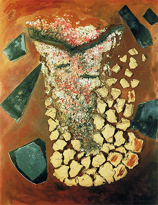 1987-11-nach-Tschernobyl-oder-ueber-Grenzen-hinweg-Dispersion-Sand-Schiefer-Spiegel-Gips-Kupferbleche-Kiesel-auf-Holz-80x100cm