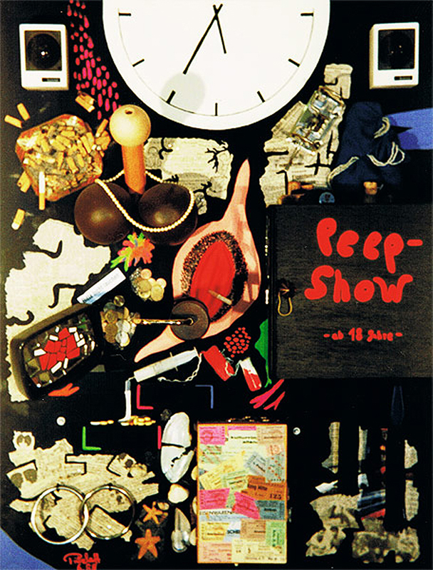 1988-06-Lebenstrilogie-2-Zigaretten-Aschenbecher-Gips-Transistorradio-Lautsprecher-Kondome-Pumpe-Lampe-Spiegel-Spritze-Tabletten-Dispersion-und-mehr-auf-Holz-90x70cm