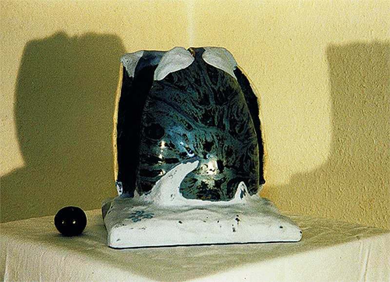 1988-09-Annaeherung-3-Tonplastik-mit-Gips-auf-Holz-20x20x23cm