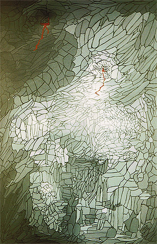 1993-06-Blutiger-Fels-Dispersion-auf-Leinen-ueber-Schaumstoff-auf-Holz-66x100cm