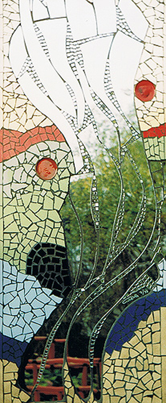 1993-07-Ohne-Titel-Mosaik-Gross-Spiegel-Keramik-mit-Emaille-Kupfer-Schalen-auf-Holz-60x150cm