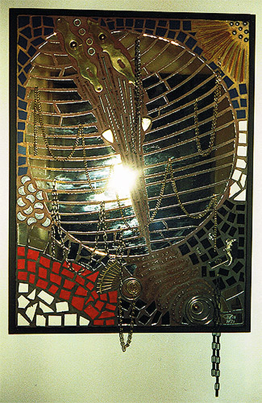 1993-07-Take-me-to-the-Hilton-Spiegel-Mosaik-mit-Strass-und-Metallteilen-auf-Holz-63x83cm